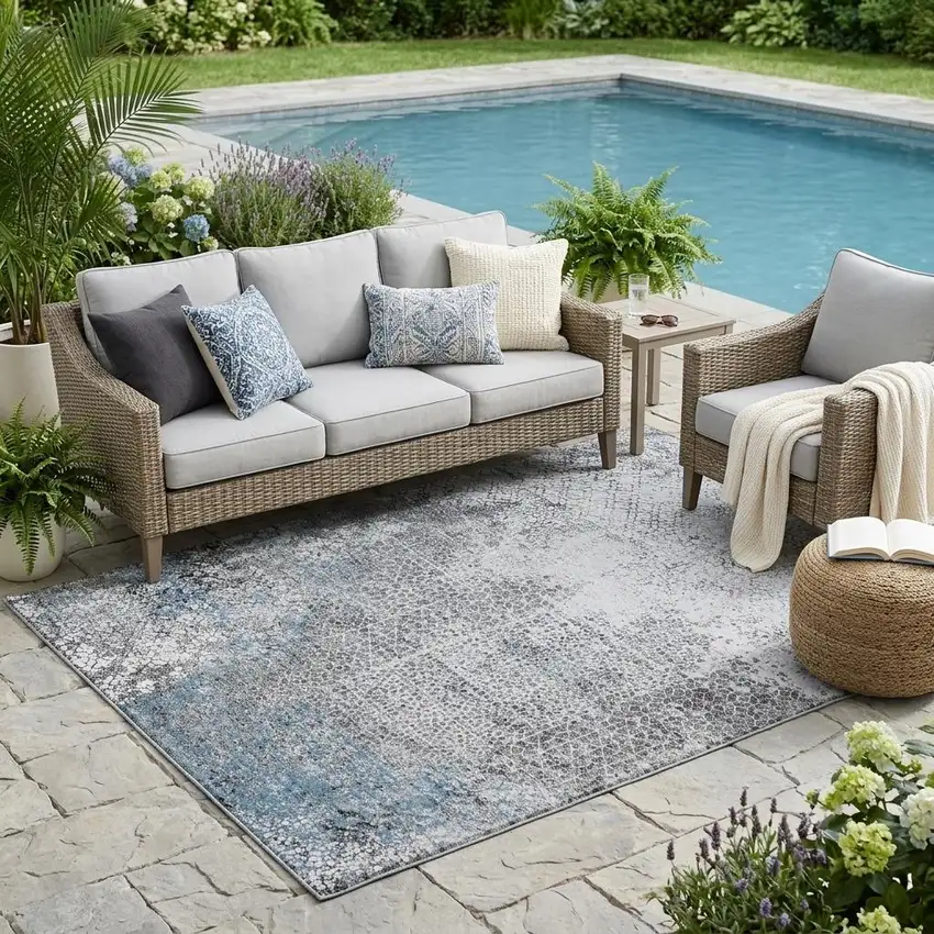 Blue And Pewter Abstract Washable Indoor Outdoor Area Rug Photo 1