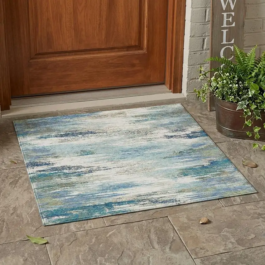 Blue And Pewter Abstract Washable Indoor Outdoor Area Rug Photo 1
