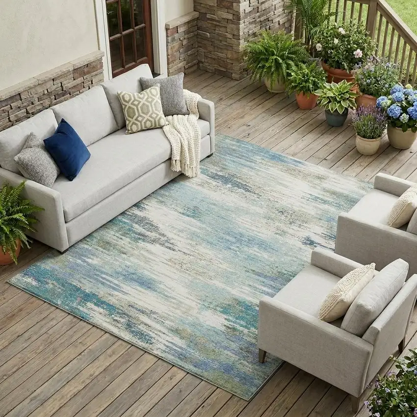 Blue And Pewter Abstract Washable Indoor Outdoor Area Rug Photo 1