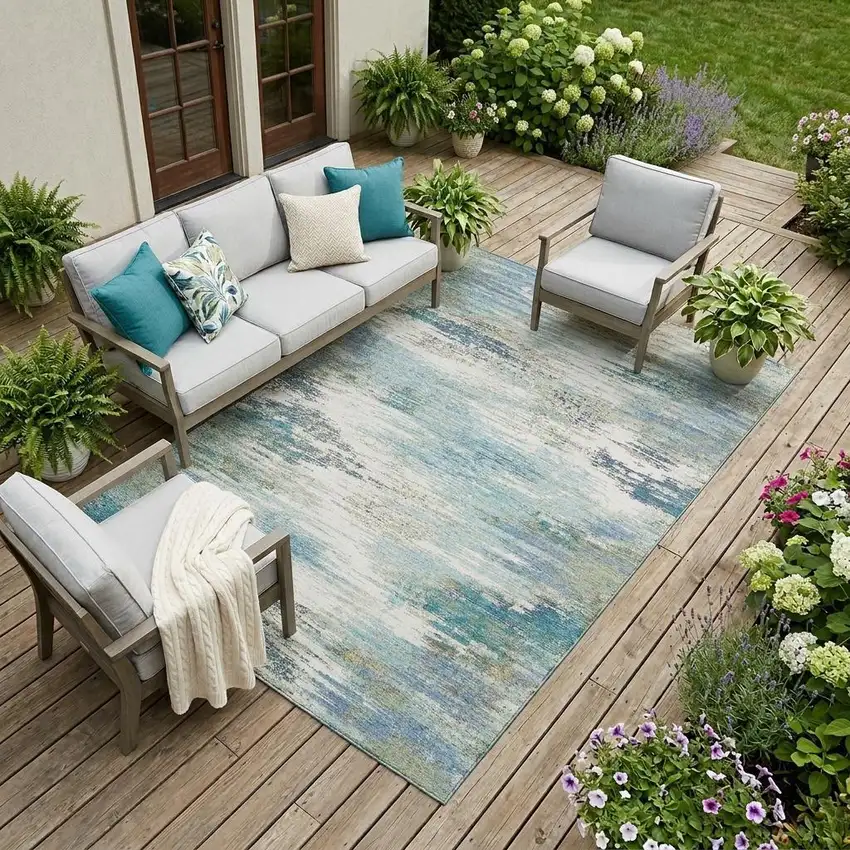 Blue And Pewter Abstract Washable Indoor Outdoor Area Rug Photo 1