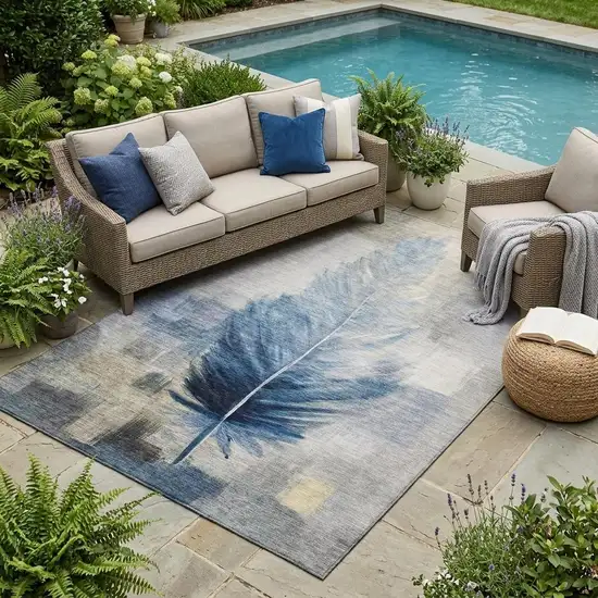 Blue And Pewter Botanical Leaves Washable Indoor Outdoor Area Rug Photo 1