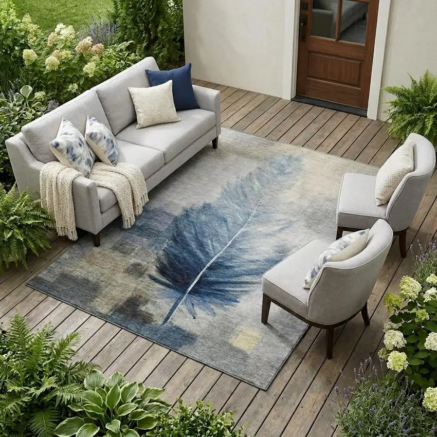 Blue And Pewter Botanical Leaves Washable Indoor Outdoor Area Rug Photo 1