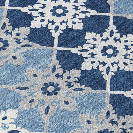 Blue And Pewter Floral Medallion Washable Indoor Outdoor Area Rug Photo 4