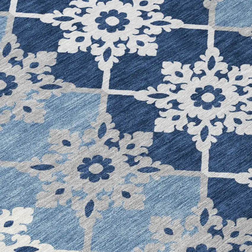 Blue And Pewter Floral Medallion Washable Indoor Outdoor Area Rug Photo 4