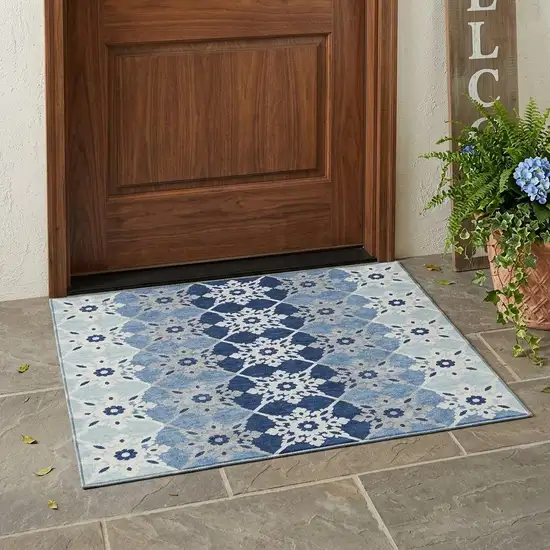 Blue And Pewter Floral Medallion Washable Indoor Outdoor Area Rug Photo 1