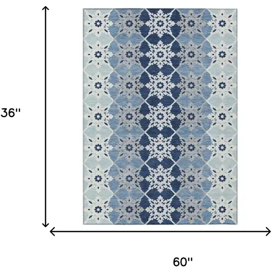 Blue And Pewter Floral Medallion Washable Indoor Outdoor Area Rug Photo 5