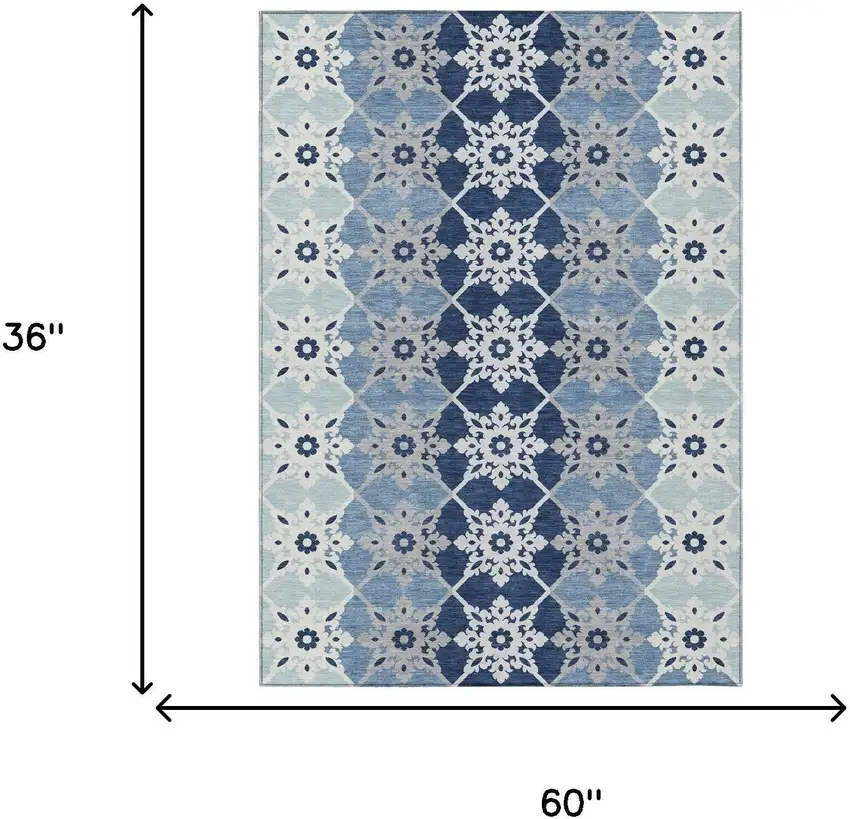 Blue And Pewter Floral Medallion Washable Indoor Outdoor Area Rug Photo 5