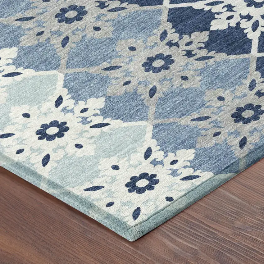 Blue And Pewter Floral Medallion Washable Indoor Outdoor Area Rug Photo 3