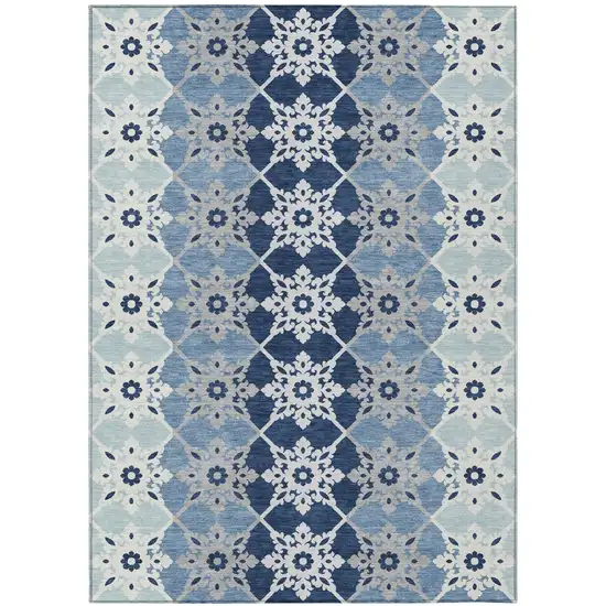 Blue And Pewter Floral Medallion Washable Indoor Outdoor Area Rug Photo 2