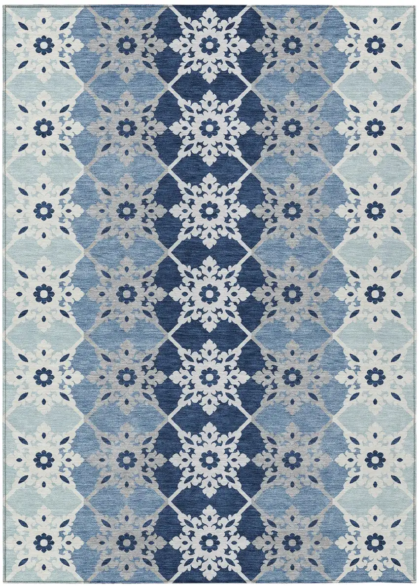 Blue And Pewter Floral Medallion Washable Indoor Outdoor Area Rug Photo 2