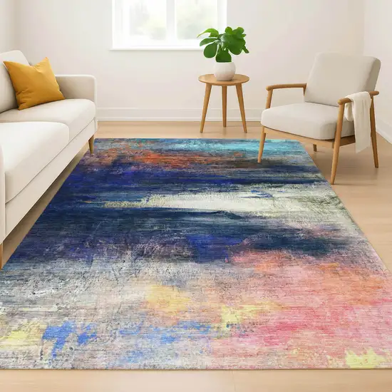 Blue And Pink Abstract Washable Area Rug With UV Protection Photo 5