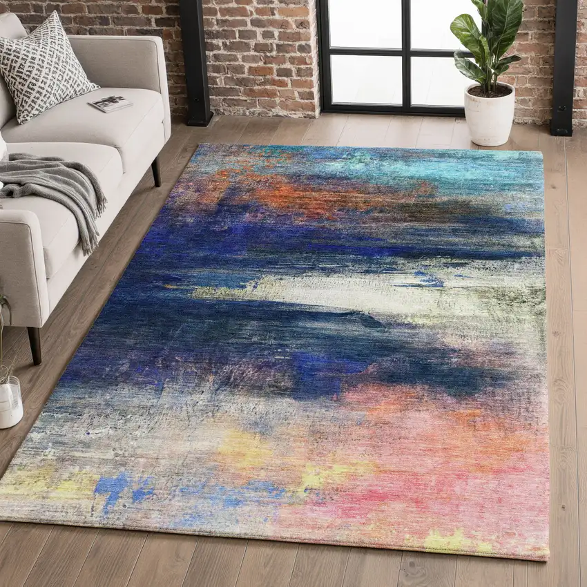 Blue And Pink Abstract Washable Area Rug With UV Protection Photo 4