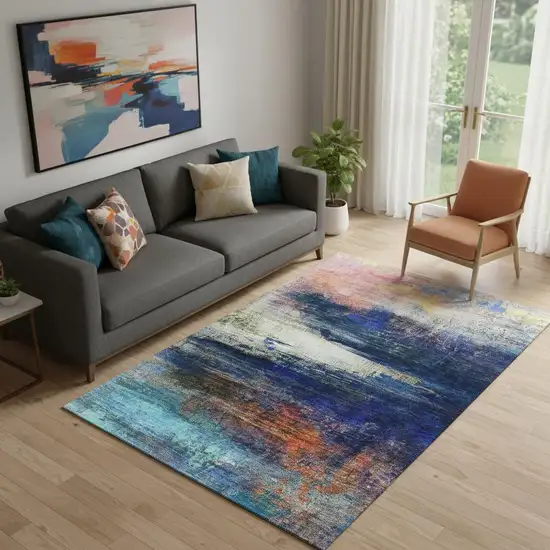 Blue And Pink Abstract Washable Area Rug With UV Protection Photo 2