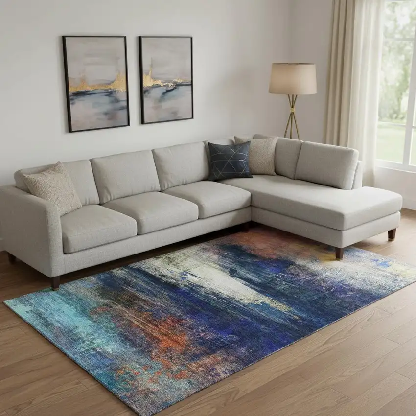 Blue And Pink Abstract Washable Area Rug With UV Protection Photo 2