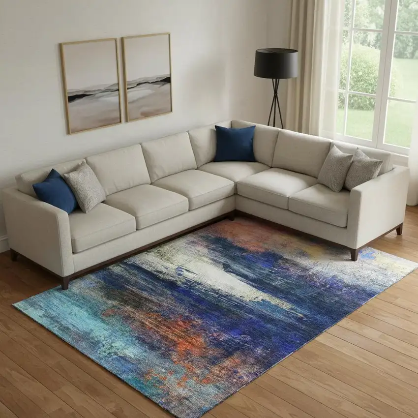 Blue And Pink Abstract Washable Area Rug With UV Protection Photo 2