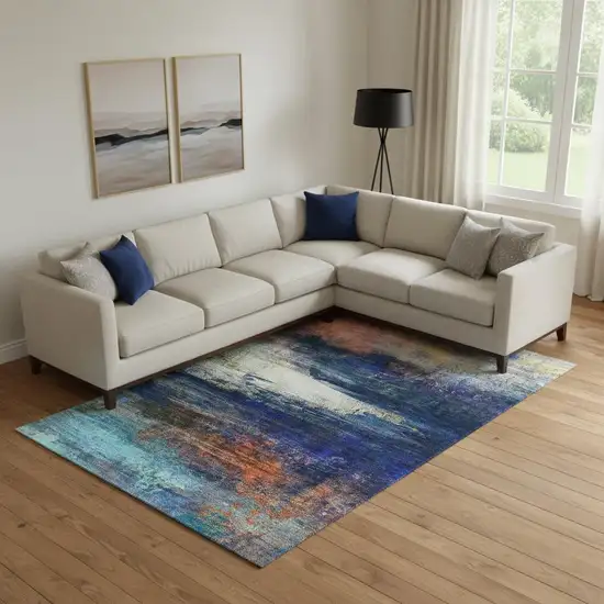 Blue And Pink Abstract Washable Area Rug With UV Protection Photo 2