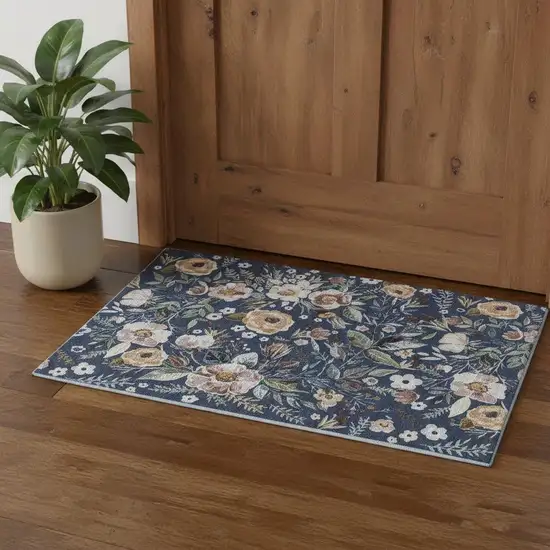 Blue And Pink Floral Distressed Washable Non Skid Area Rug Photo 1