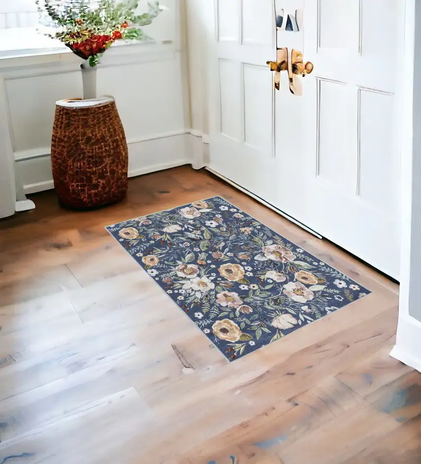 Blue And Pink Floral Distressed Washable Non Skid Area Rug Photo 1