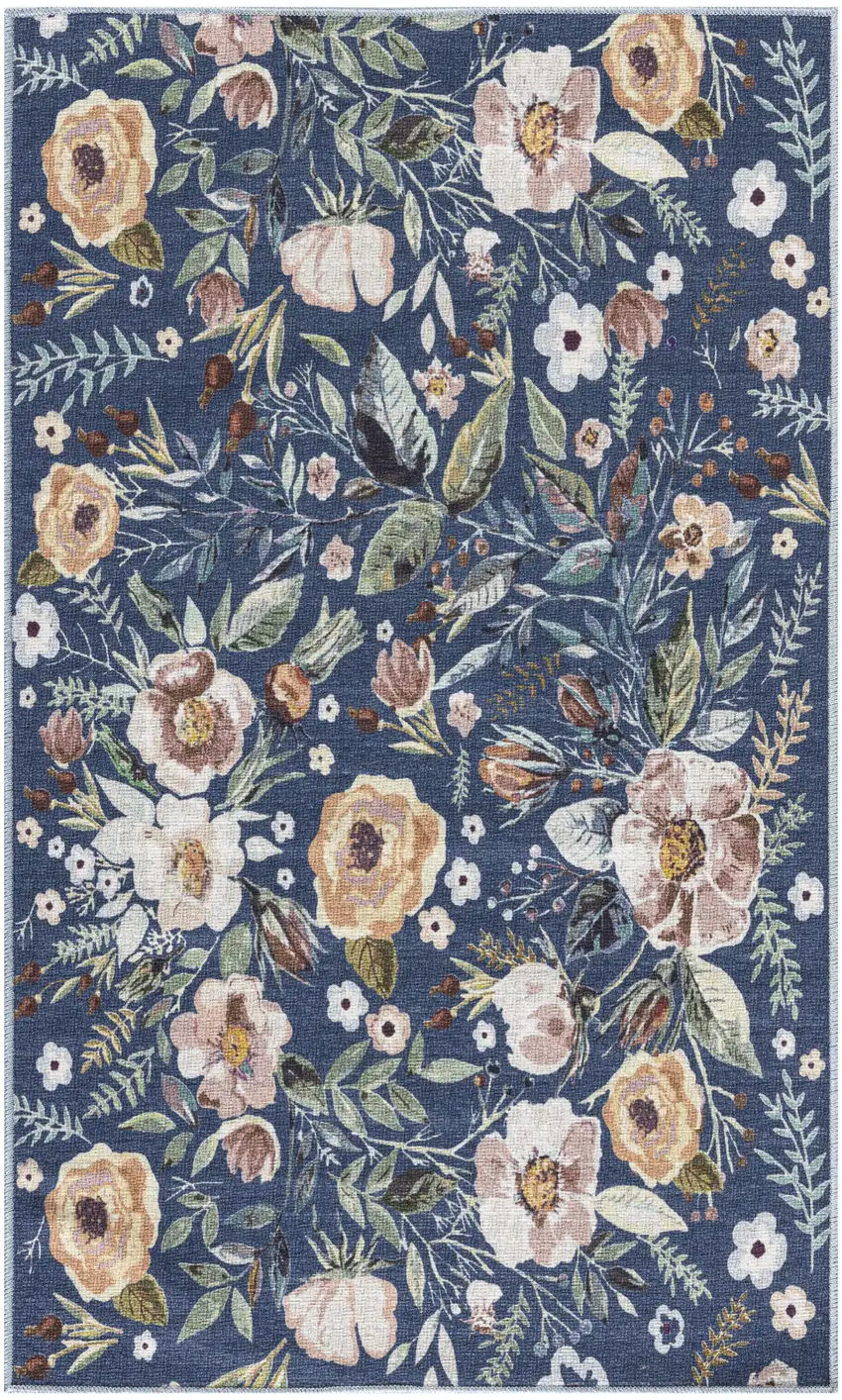 Blue And Pink Floral Distressed Washable Non Skid Area Rug Photo 2