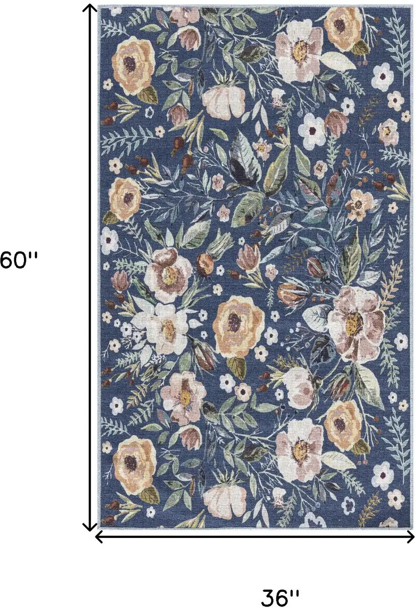 Blue And Pink Floral Distressed Washable Non Skid Area Rug Photo 3