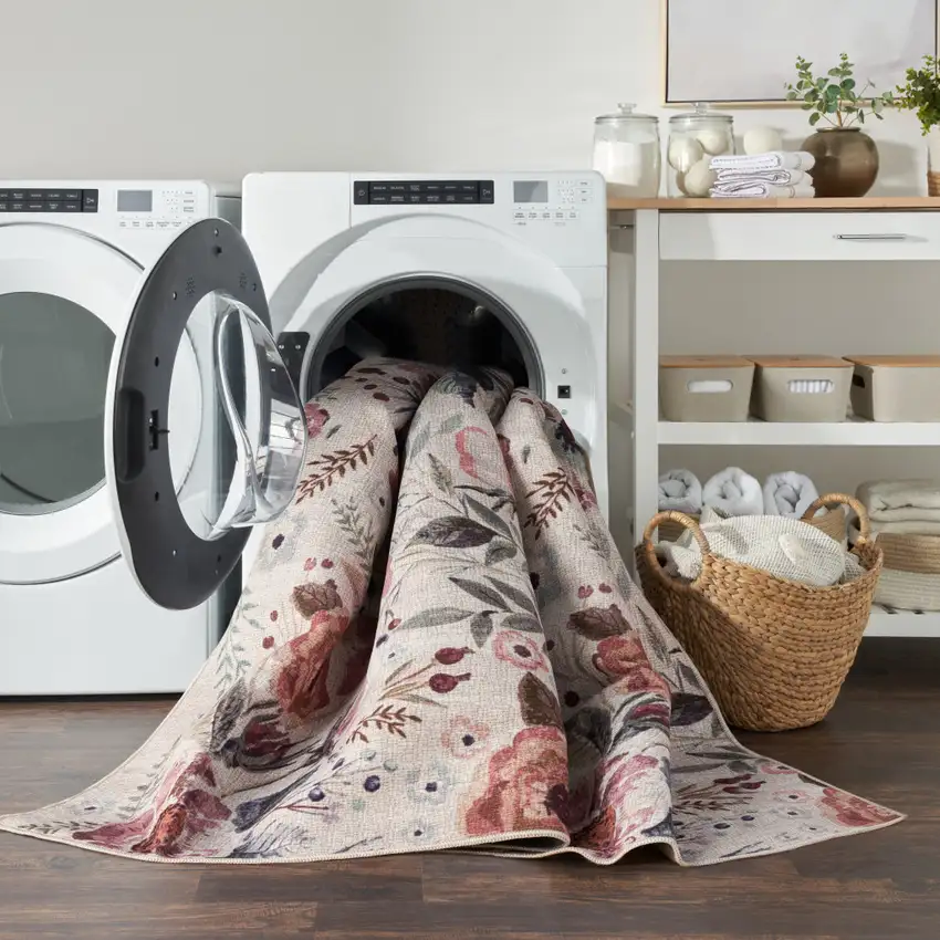 Blue And Pink Floral Distressed Washable Non Skid Area Rug Photo 5