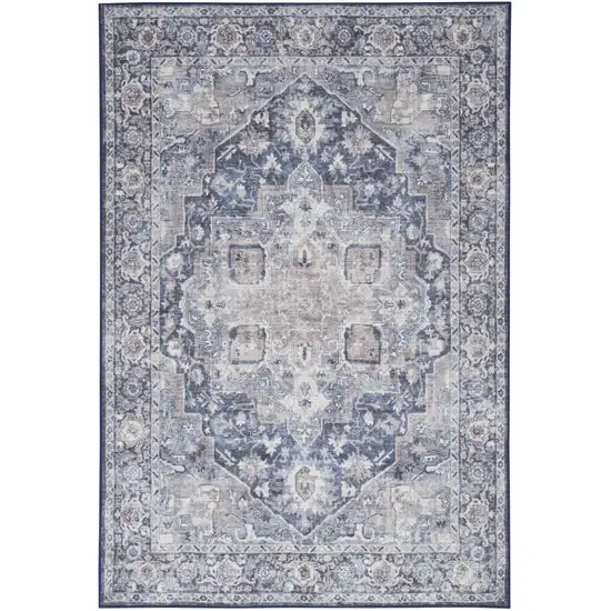 Blue And Pink Floral Power Loom Distressed Washable Area Rug Photo 1