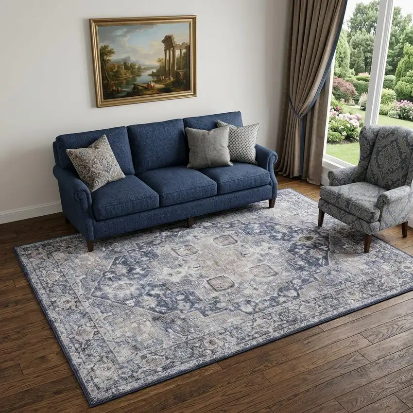 Blue And Pink Floral Power Loom Distressed Washable Area Rug Photo 1