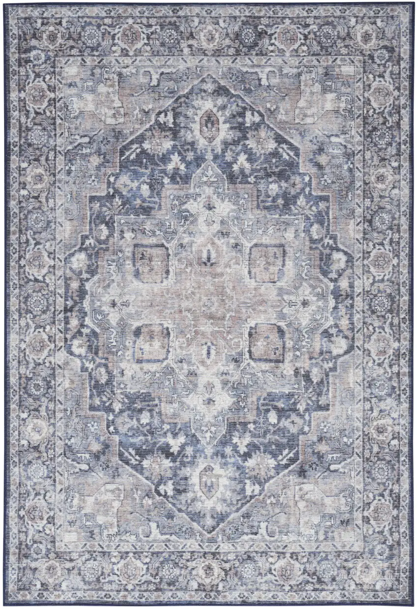 Blue And Pink Floral Power Loom Distressed Washable Area Rug Photo 2