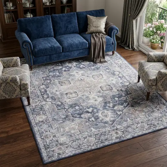 Blue And Pink Floral Power Loom Distressed Washable Area Rug Photo 1