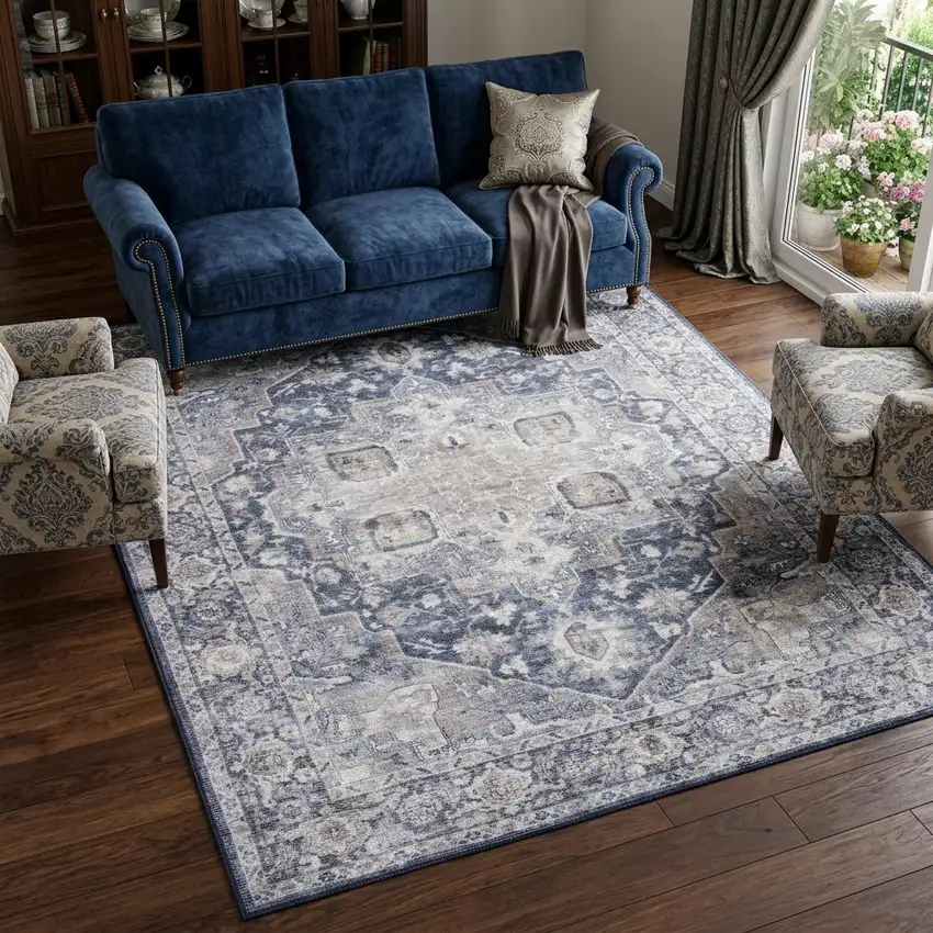 Blue And Pink Floral Power Loom Distressed Washable Area Rug Photo 1