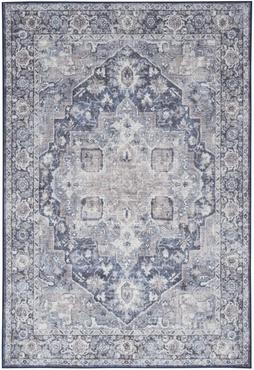 Blue And Pink Floral Power Loom Distressed Washable Area Rug Photo 1