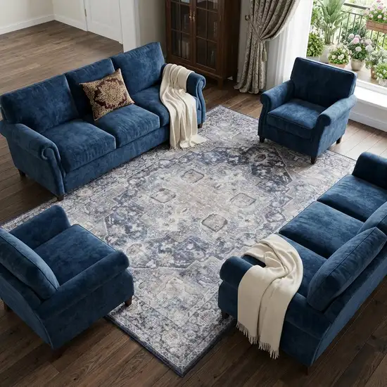 Blue And Pink Floral Power Loom Distressed Washable Area Rug Photo 1