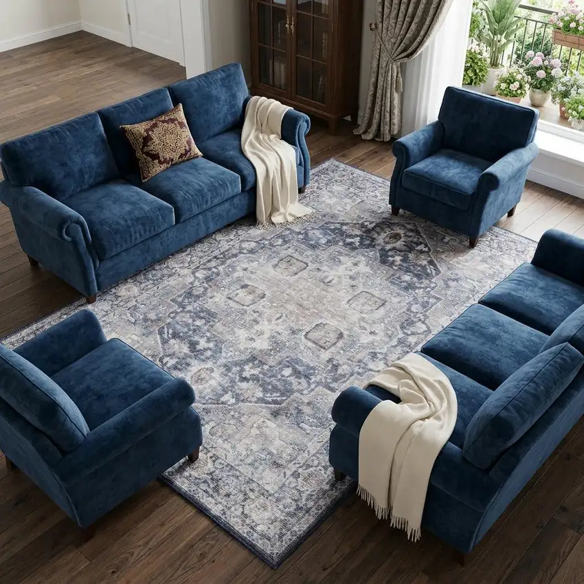 Blue And Pink Floral Power Loom Distressed Washable Area Rug Photo 1