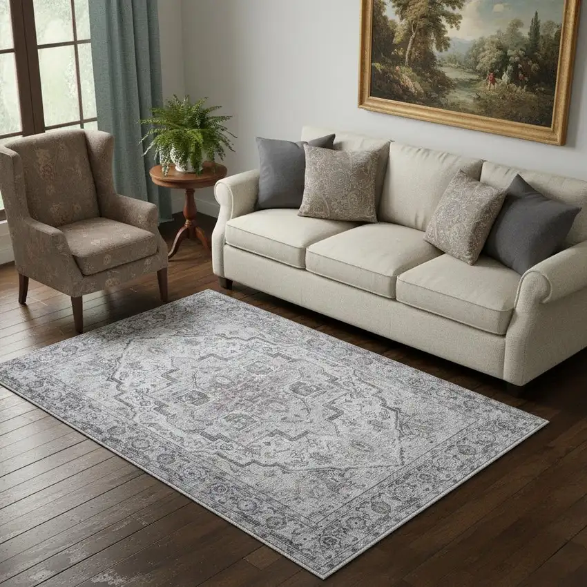 Blue And Pink Floral Power Loom Distressed Washable Area Rug Photo 1