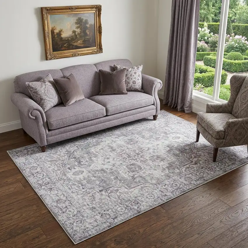 Blue And Pink Floral Power Loom Distressed Washable Area Rug Photo 1