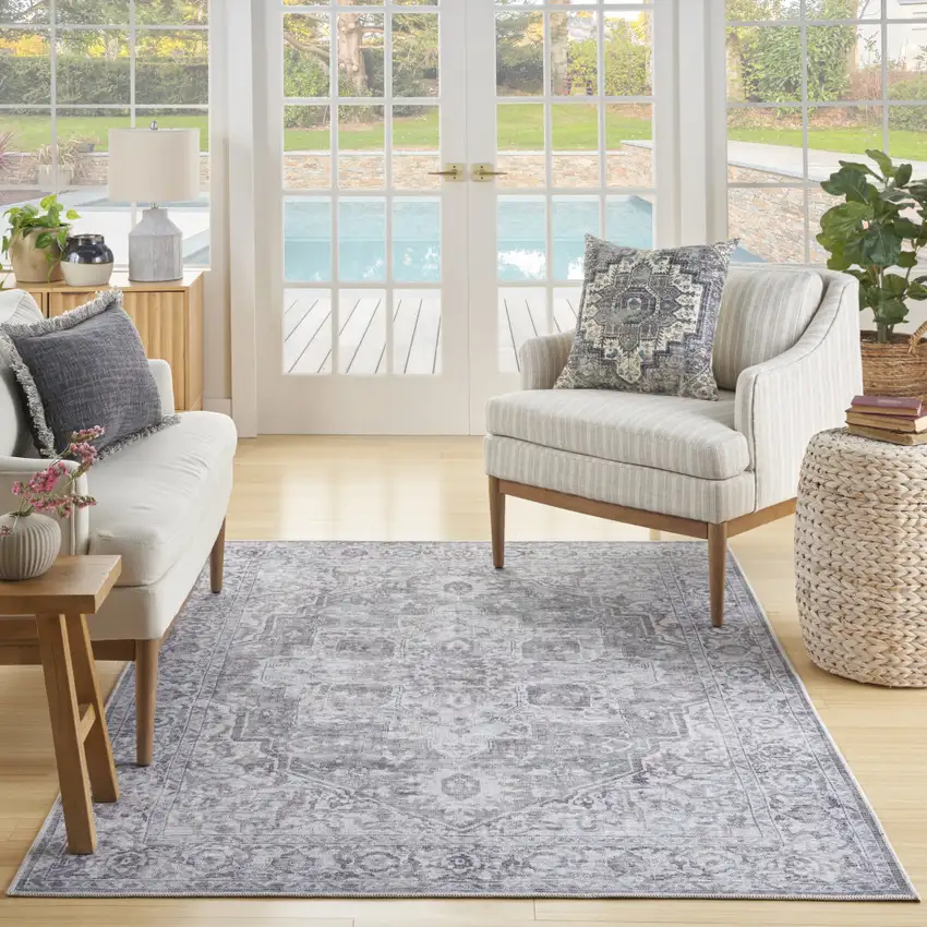 Blue And Pink Floral Power Loom Distressed Washable Area Rug Photo 5