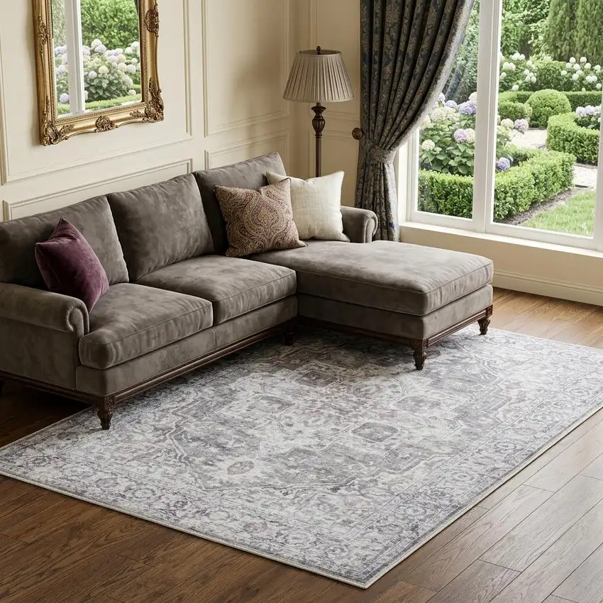 Blue And Pink Floral Power Loom Distressed Washable Area Rug Photo 1