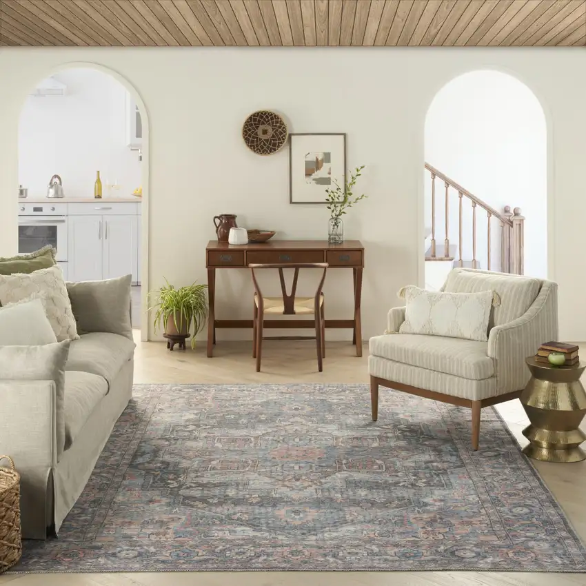 Blue And Pink Floral Power Loom Distressed Washable Area Rug Photo 6