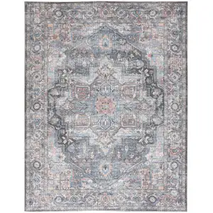 Photo of Blue And Pink Floral Power Loom Distressed Washable Area Rug