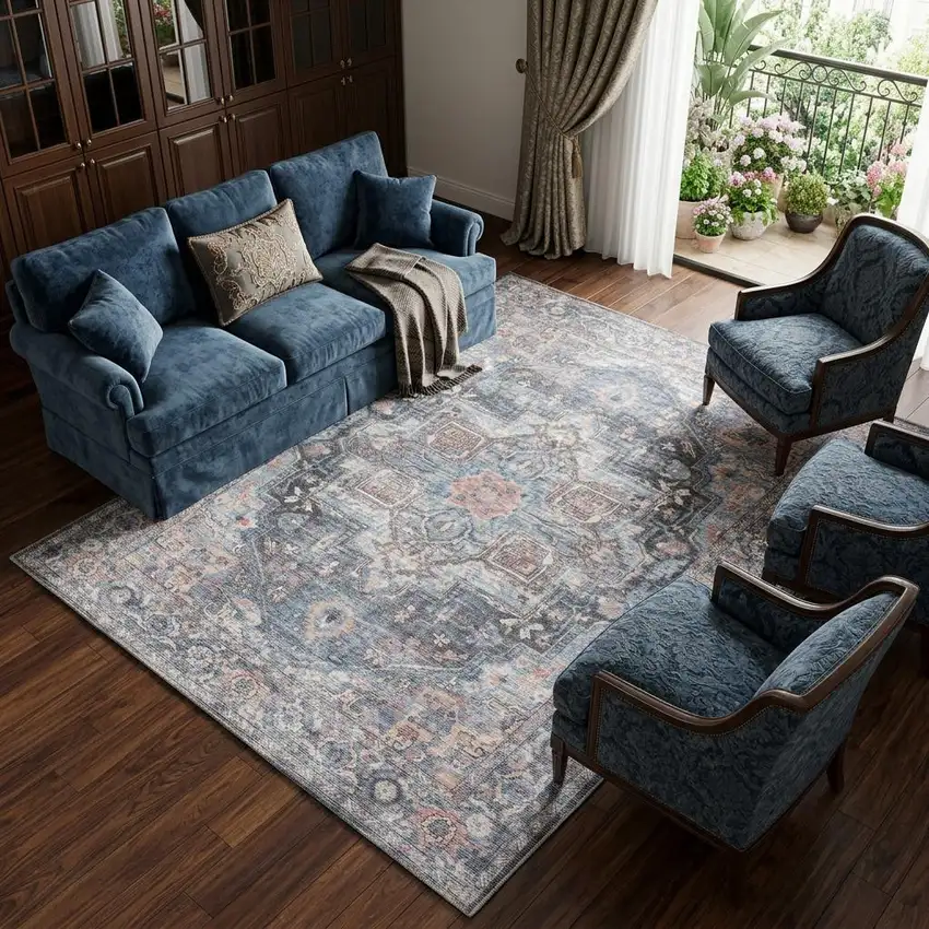 Blue And Pink Floral Power Loom Distressed Washable Area Rug Photo 1