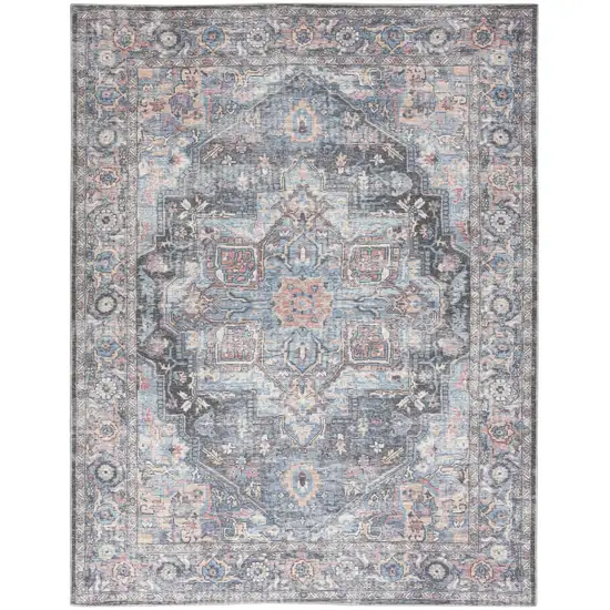Blue And Pink Floral Power Loom Distressed Washable Area Rug Photo 2