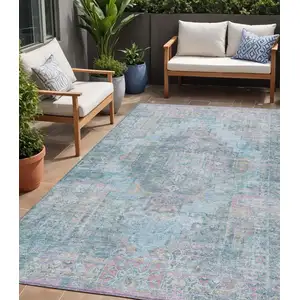 Photo of Blue And Pink Medallion Washable Indoor Outdoor Area Rug