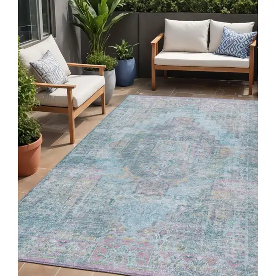 Blue And Pink Medallion Washable Indoor Outdoor Area Rug Photo 1