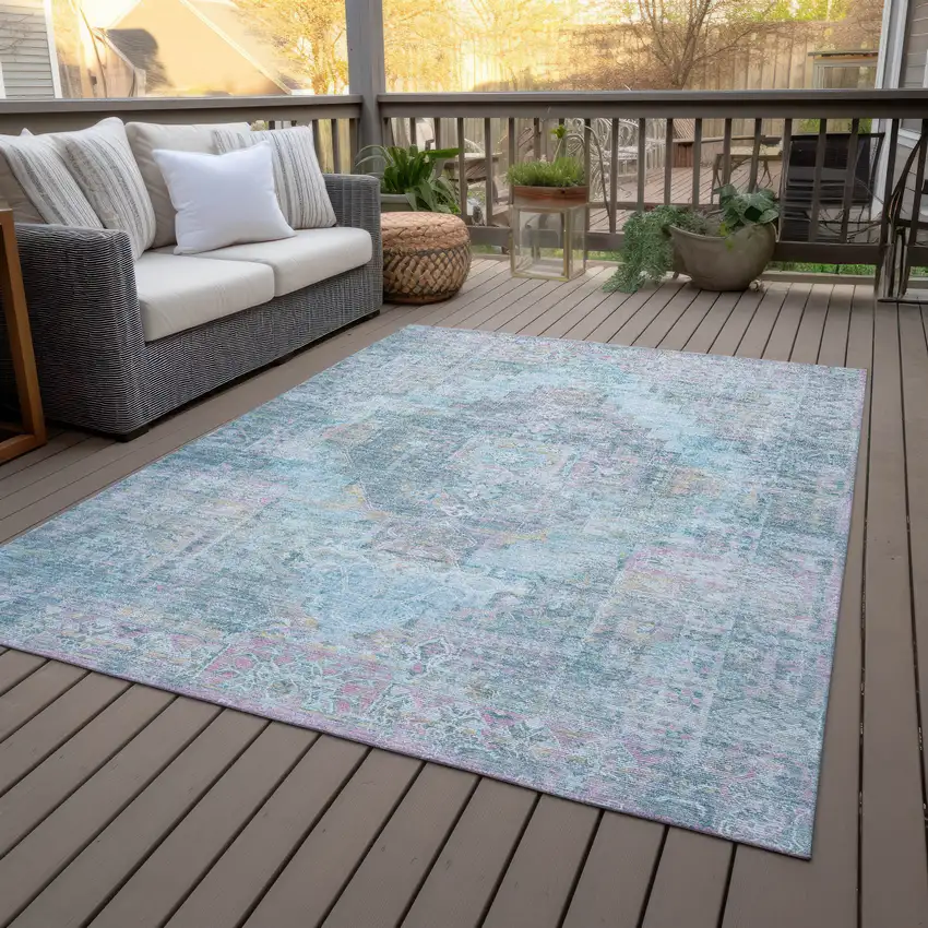 Blue And Pink Medallion Washable Indoor Outdoor Area Rug Photo 8