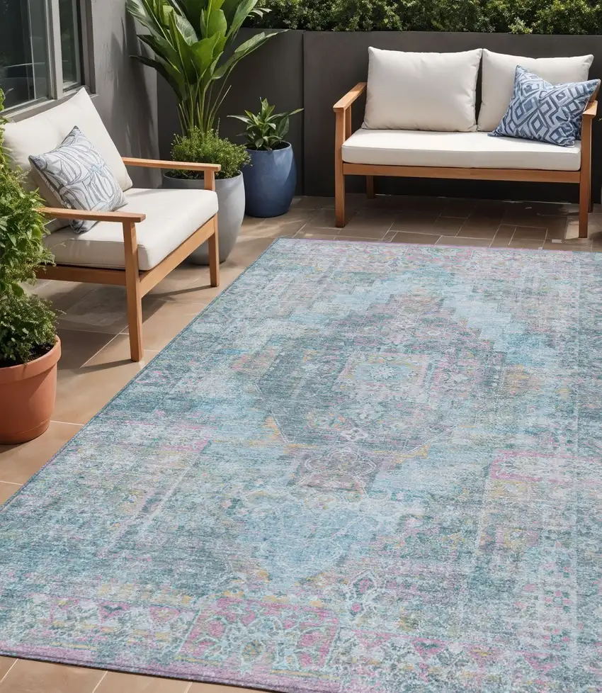 Blue And Pink Medallion Washable Indoor Outdoor Area Rug Photo 1