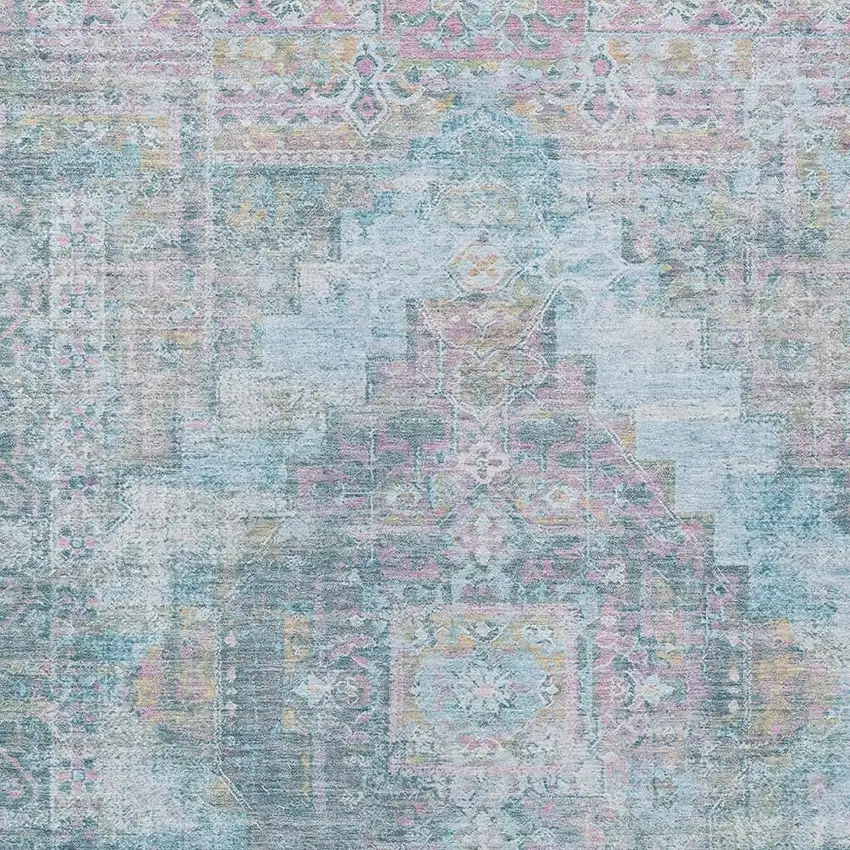 Blue And Pink Medallion Washable Indoor Outdoor Area Rug Photo 3