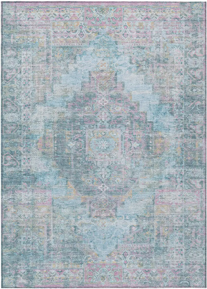 Blue And Pink Medallion Washable Indoor Outdoor Area Rug Photo 2