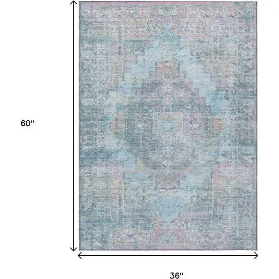 Blue And Pink Medallion Washable Indoor Outdoor Area Rug Photo 9