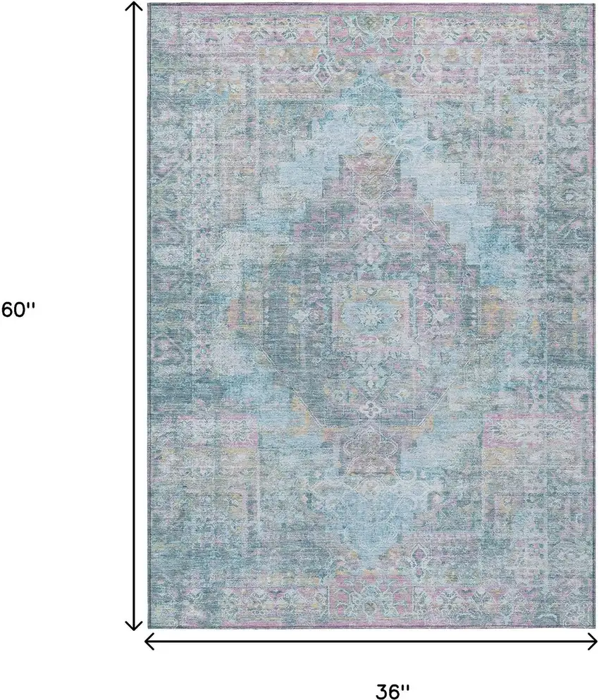 Blue And Pink Medallion Washable Indoor Outdoor Area Rug Photo 9