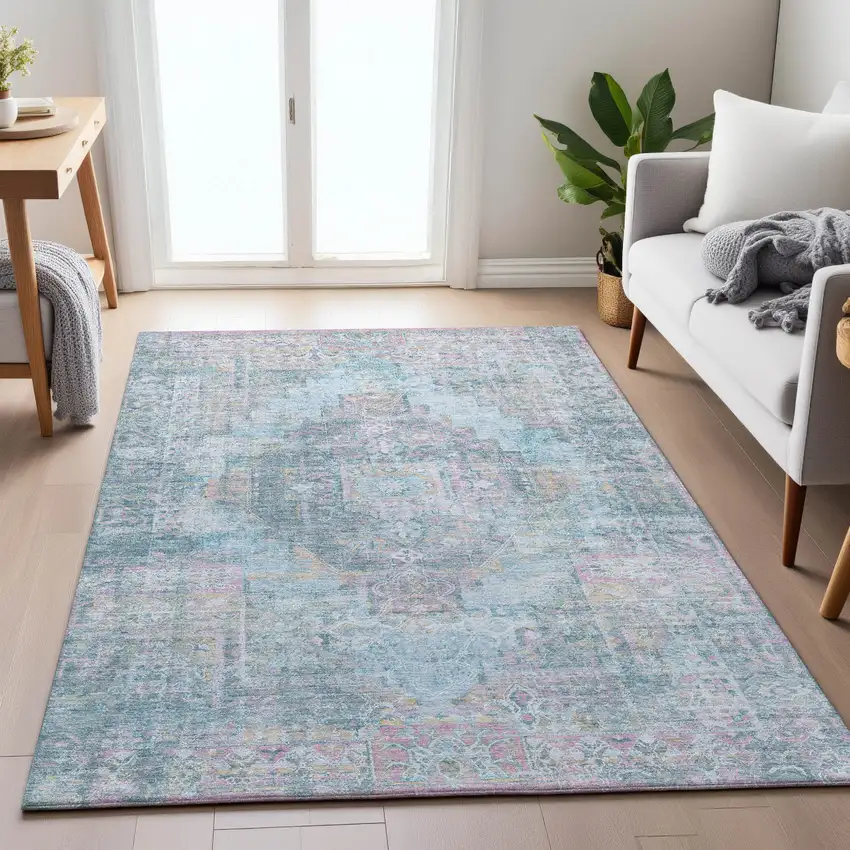 Blue And Pink Medallion Washable Indoor Outdoor Area Rug Photo 6